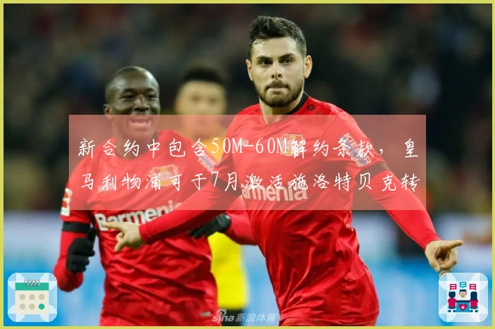 新合约中包含50M-60M解约条款，皇马利物浦可于7月激活施洛特贝克转会